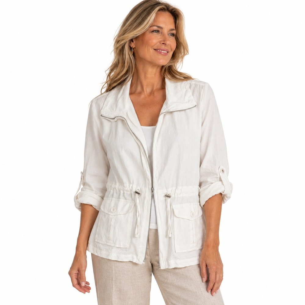NWT Darjoni Utility Solid Linen Blend Jacket White Coastal Drawstring XL Size XL